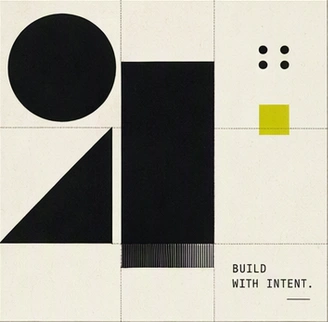 A circle, triangle, and rectangle aligned on a modular grid, with a citron accent. Built with intent.