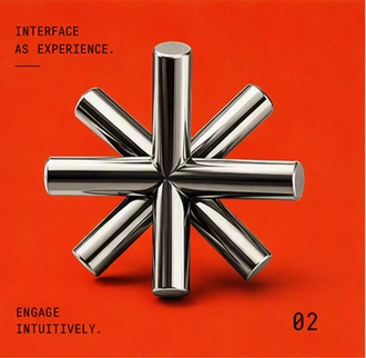 A chrome eight-point asterisk on vermilion orange. Interface as experience. Engage intuitively.